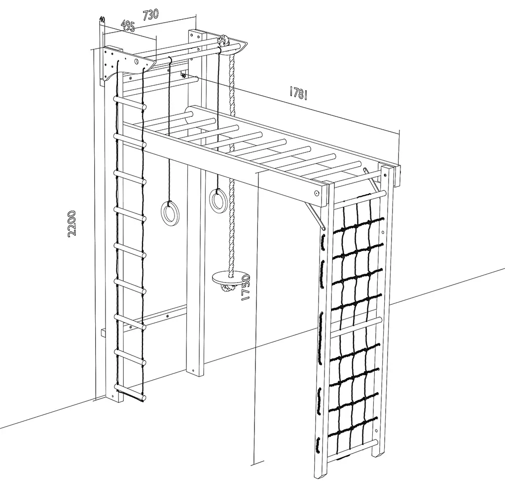 Technische Zeichnung der Kinder-Kletterwand Tani mit Hangelhöhe und Gesamtabmessungen